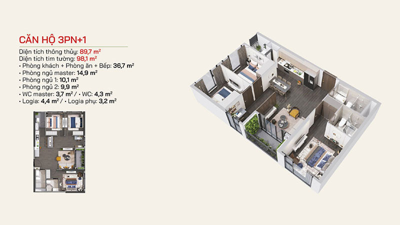 Thiết kế căn hộ 3PN+1 phân khu The Ocean View - Vinhomes Ocean Park 1
