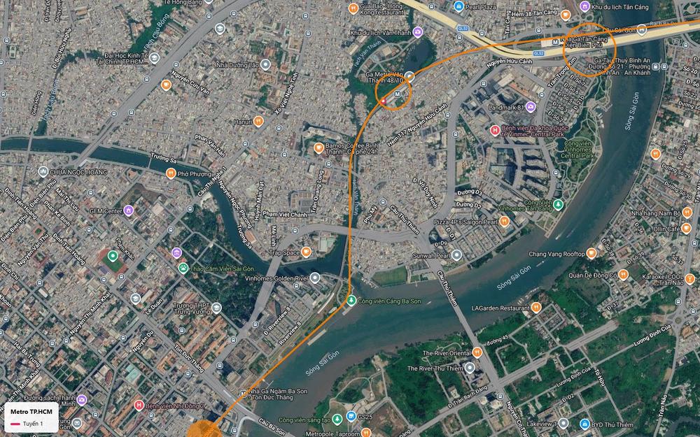Ga Văn Thánh và ga Tân Cảng trên cao của tuyến metro số 1 trên hành lang Điện Biên Phủ, gần Landmark 81