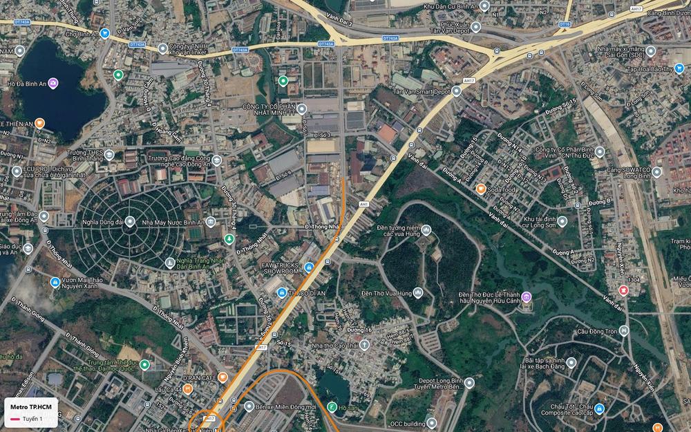 Đoạn kéo dài quy hoạch của tuyến metro số 1 qua Dĩ An hướng Tân Vạn, gần Vành Đai 3 và cảng Bình Dương