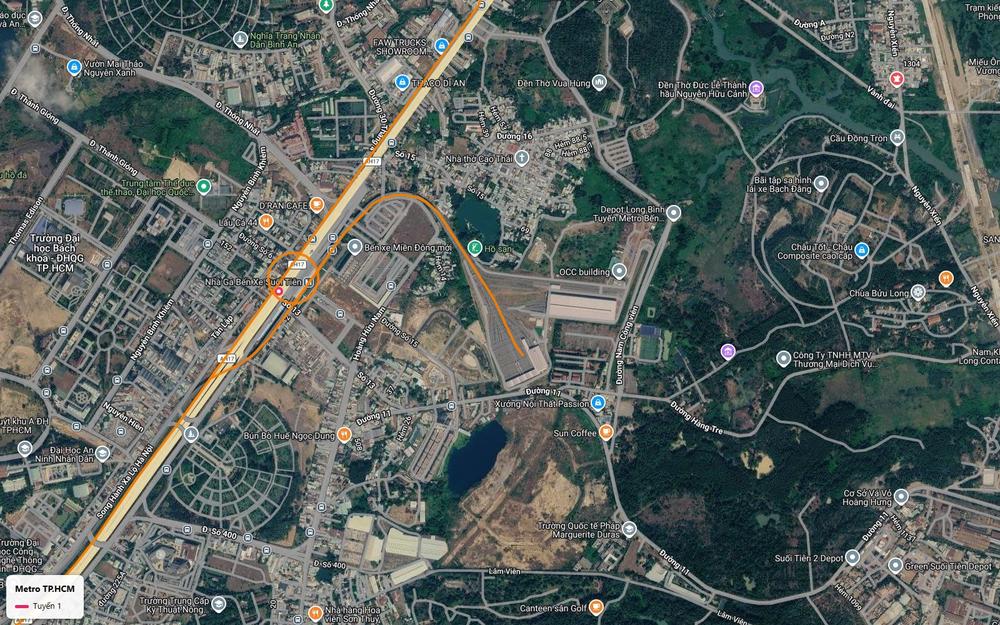 Depot Long Bình của tuyến metro số 1 với nhánh chữ U và các làn ray đậu tàu trên mặt đất
