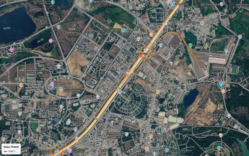 Toàn cảnh cuối tuyến metro số 1 TP.HCM gồm ga Bến xe Suối Tiên trên cao, depot Long Bình và làng đại học