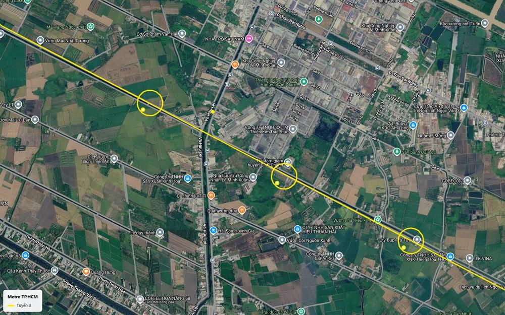 Hai ga mặt đất tuyến metro số 3 TP.HCM tại vùng đệm khu công nghiệp Lê Minh Xuân, đường Võ Hữu Lợi