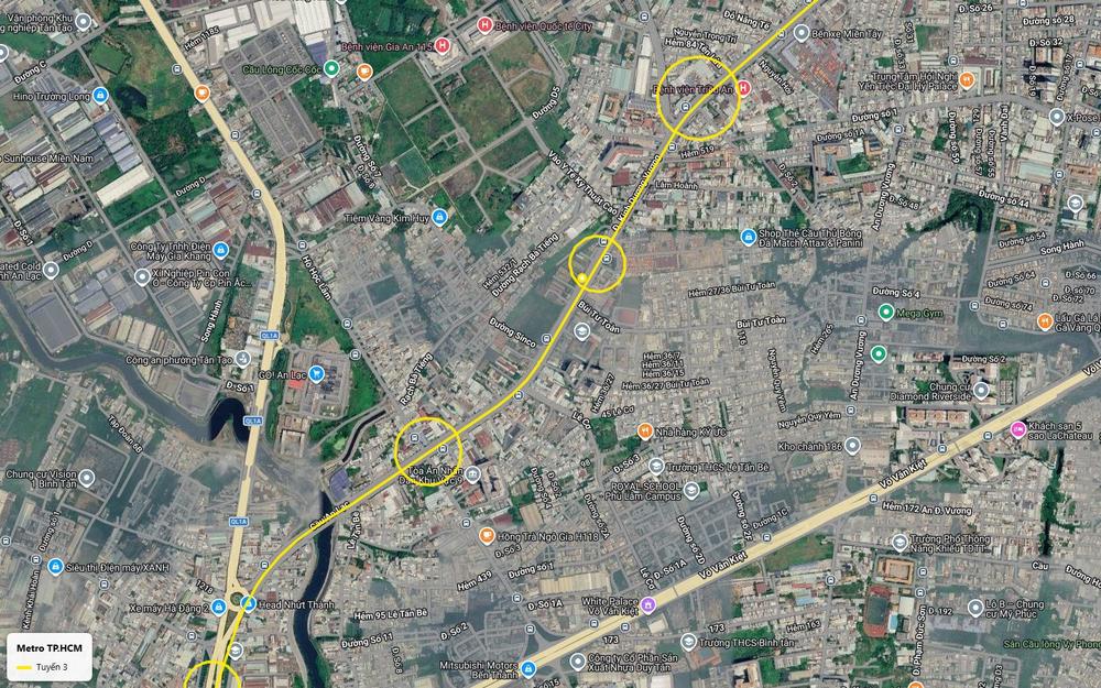 Ga mặt đất tuyến metro số 3 TP.HCM khu Bệnh viện Triều An trên đường Kinh Dương Vương, gần Bến xe Miền Tây