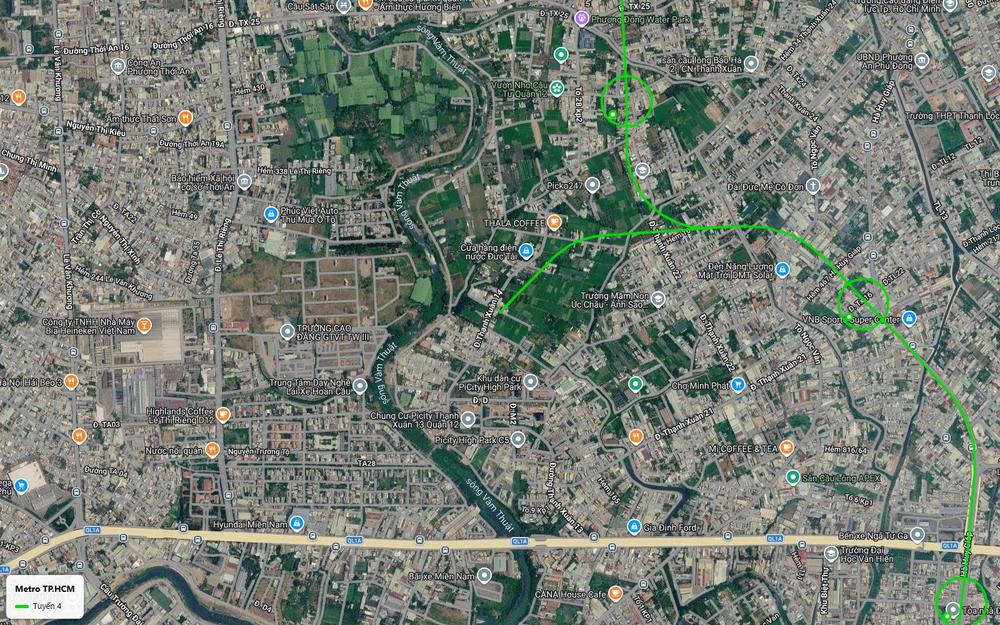 Bản đồ tuyến metro số 4 TP.HCM tại Thạnh Xuân Quận 12 với ga trên cao và nhánh cong về Hà Huy Giáp