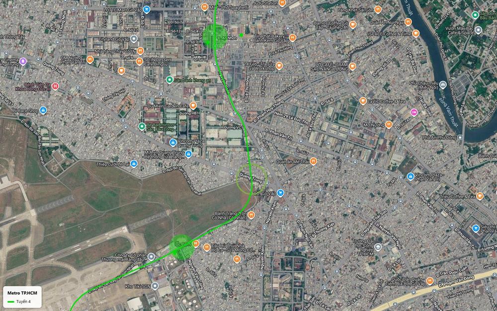 Bản đồ tuyến metro số 4 khu ngã sáu Gò Vấp, ga Quang Trung và ga ngầm Nguyễn Văn Công gần sân bay