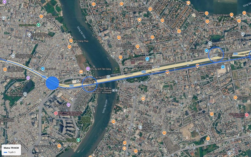Tuyến metro số 5 vượt sông Sài Gòn trên cao theo cầu Sài Gòn rồi chuyển ngầm tại nút Nguyễn Hữu Cảnh