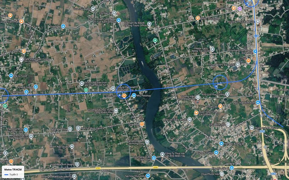 Ga mặt đất nhánh Tây tuyến metro số 5 vượt sông ven trục Hưng Long, Qui Đức, trên cao tốc Bến Lức Long Thành