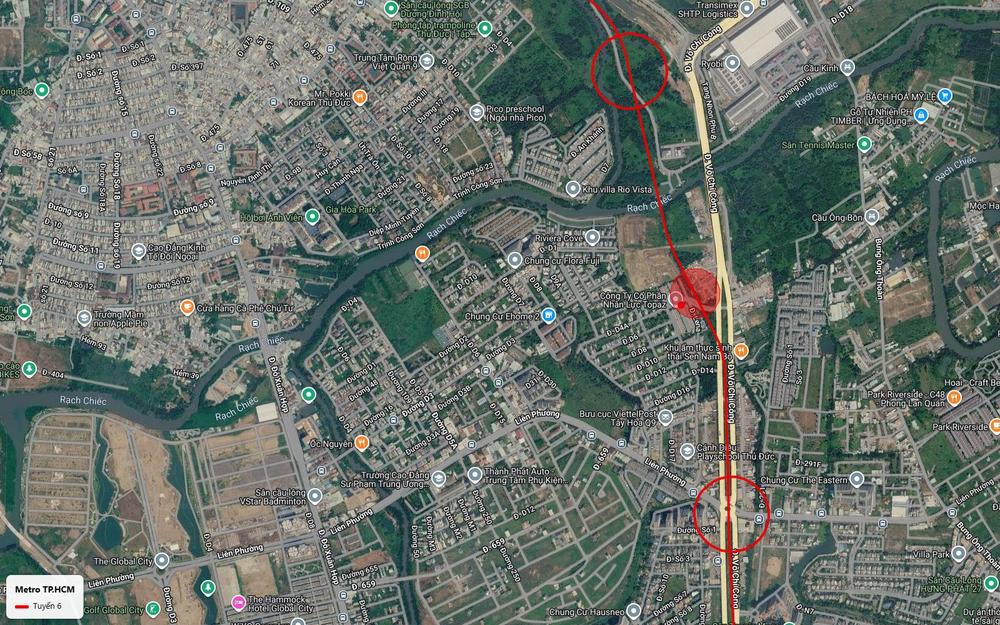 Tuyến metro số 6 dọc Võ Chí Công đoạn Tăng Nhơn Phú với ga giữa vùng xanh rạch Chiếc và một vùng ga ngầm sát mặt đường