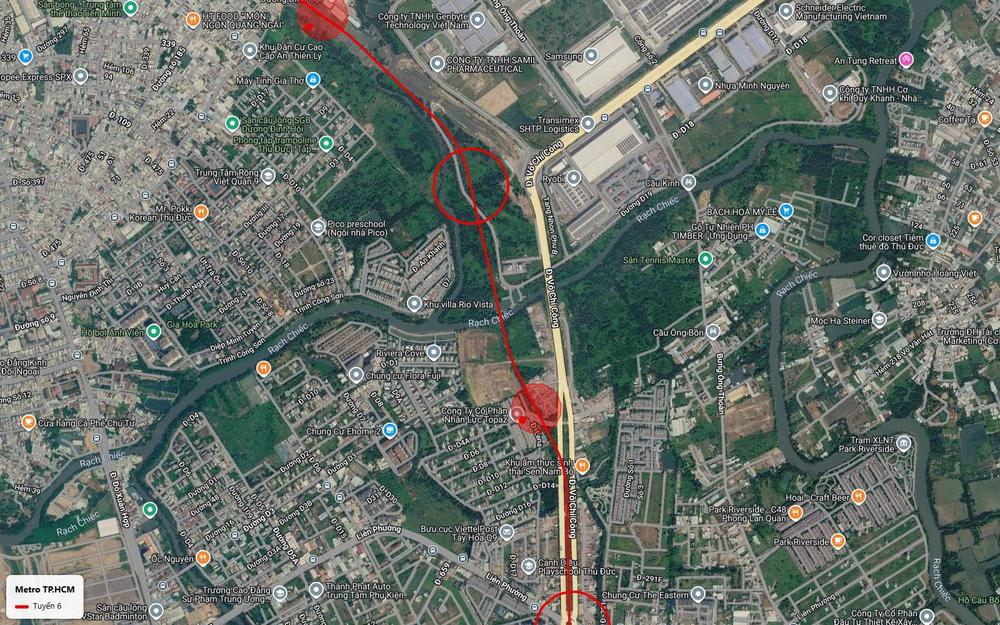 Tuyến metro số 6 kẹp giữa rạch Chiếc và đại lộ Võ Chí Công với một ga nổi giữa mảng xanh và một ga ngầm gần Công ty Nhân Lực Topaz