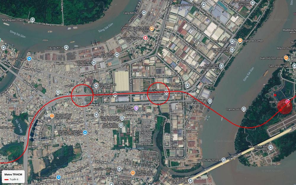 Tuyến metro số 6 hạ cao độ khi vào Khu chế xuất Tân Thuận Quận 7 với ga gần Công ty Juki và đường Huỳnh Tấn Phát
