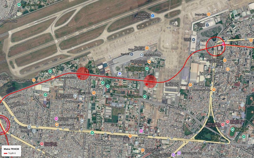 Tuyến metro số 6 trên cầu cạn ôm mép Nam sân bay Tân Sơn Nhất qua nhà ga T3 và ga hàng hóa Phan Thúc Duyện