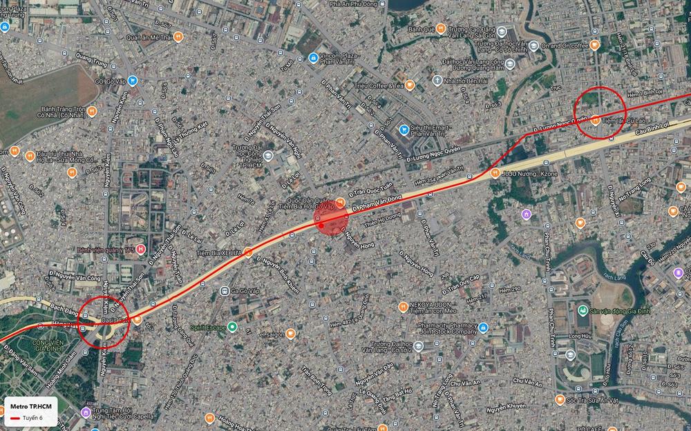 Tuyến metro số 6 trên cao dọc đại lộ Phạm Văn Đồng qua Gò Vấp gần Đại học Văn Lang tới đầu cầu Bình Lợi
