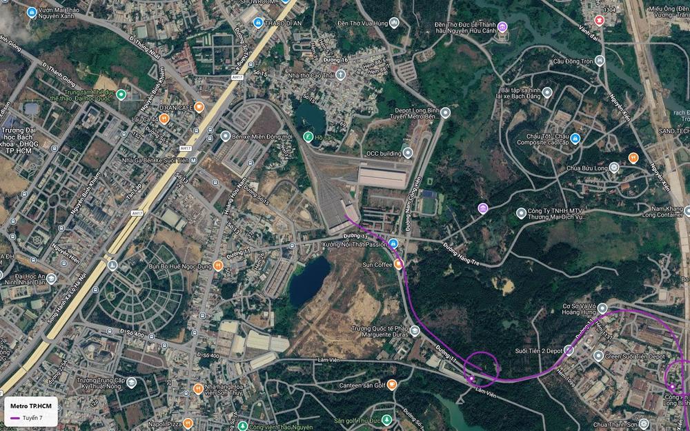 Bản đồ đoạn đầu trên cao tuyến metro số 7 tại depot Long Bình cạnh Bến xe Miền Đông mới và Xa lộ Hà Nội