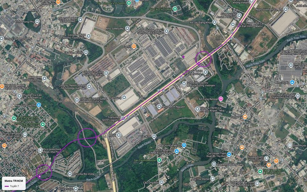 Tuyến metro số 7 chạy trên cao dọc đường Võ Chí Công ngang nhà máy Samsung SEHC rồi rẽ hướng rạch Chiếc