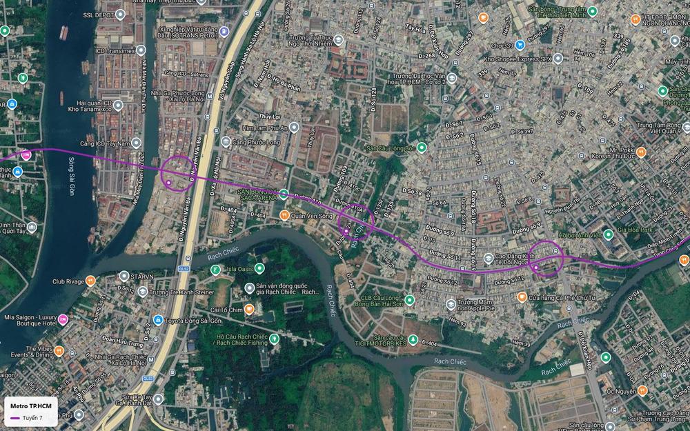Tuyến metro số 7 trên cao cắt ngang Xa lộ Hà Nội gần nhà ga Phước Long metro số 1 và cụm cảng ICD Trường Thọ