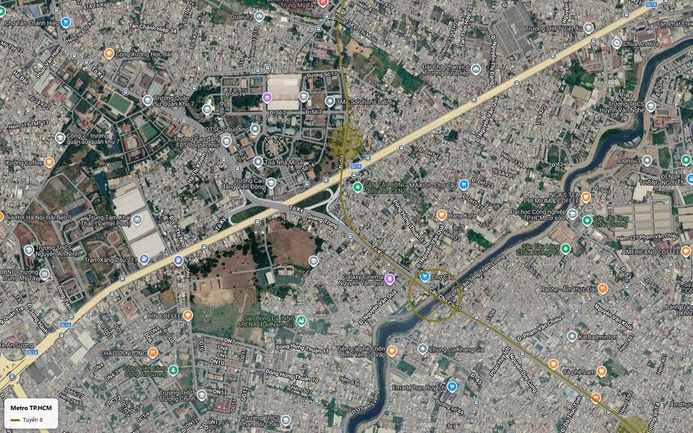 Ảnh vệ tinh tuyến metro số 8 qua công viên phần mềm Quang Trung QTSC và cầu Chợ Cầu kênh Tham Lương