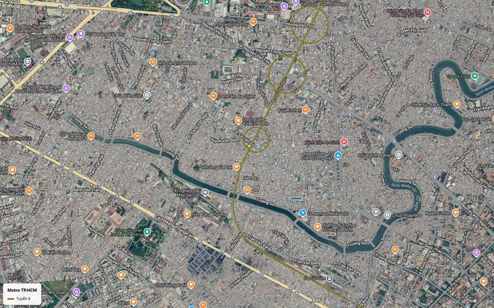 Ảnh vệ tinh đoạn Phú Nhuận tuyến metro số 8 qua Lê Văn Sỹ vượt kênh Nhiêu Lộc Thị Nghè về Ga Sài Gòn