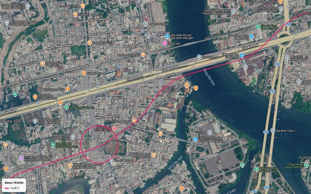 Đoạn trên cao tuyến metro số 9 băng qua sông Sài Gòn trong hành lang cầu Bình Lợi vào Bình Thạnh